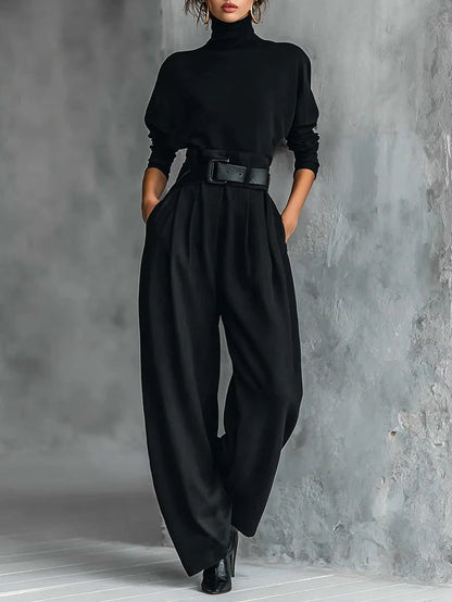 High-Neck Wide Leg Jumpsuit Set for Women - Black