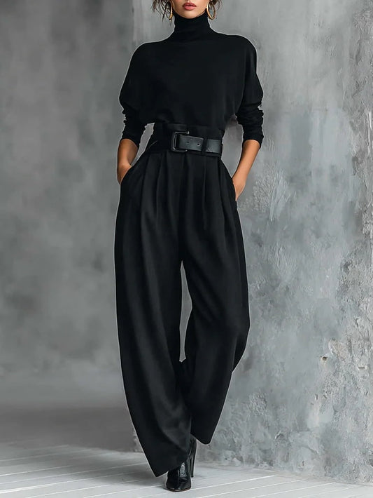 High-Neck Wide Leg Jumpsuit Set for Women - Black
