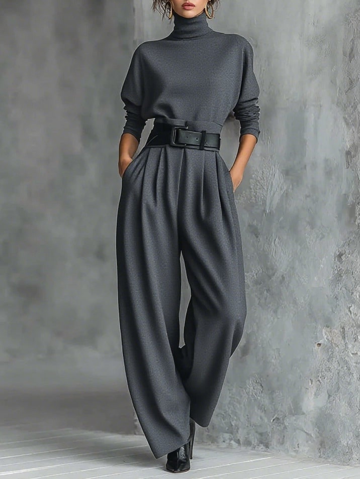 High-Neck Wide Leg Jumpsuit Set for Women - Gray