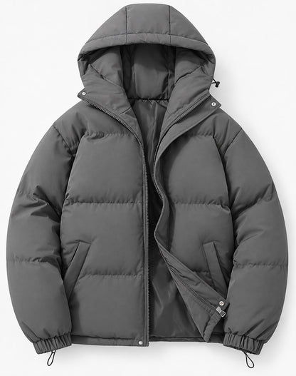 Hooded Quilted Puffer Winter Coat - Dark Gray