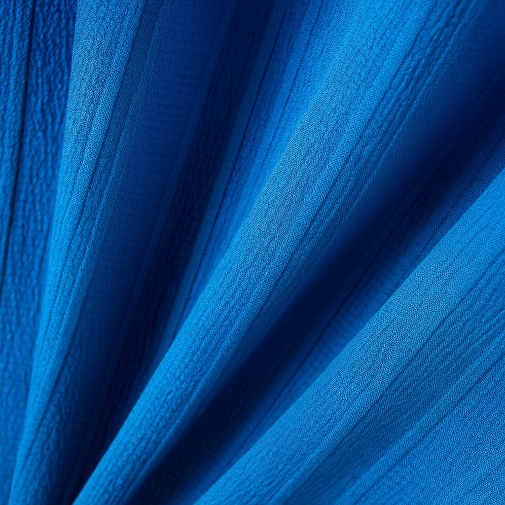 Close-up of vibrant royal blue textured linen fabric with natural creases and woven details