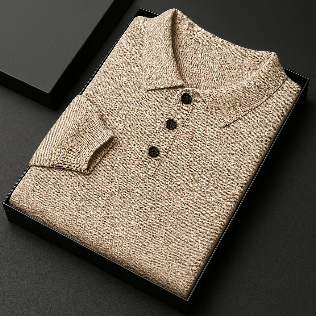 Folded beige merino wool long sleeve men's polo sweater with three buttons and ribbed cuffs in a black gift box.