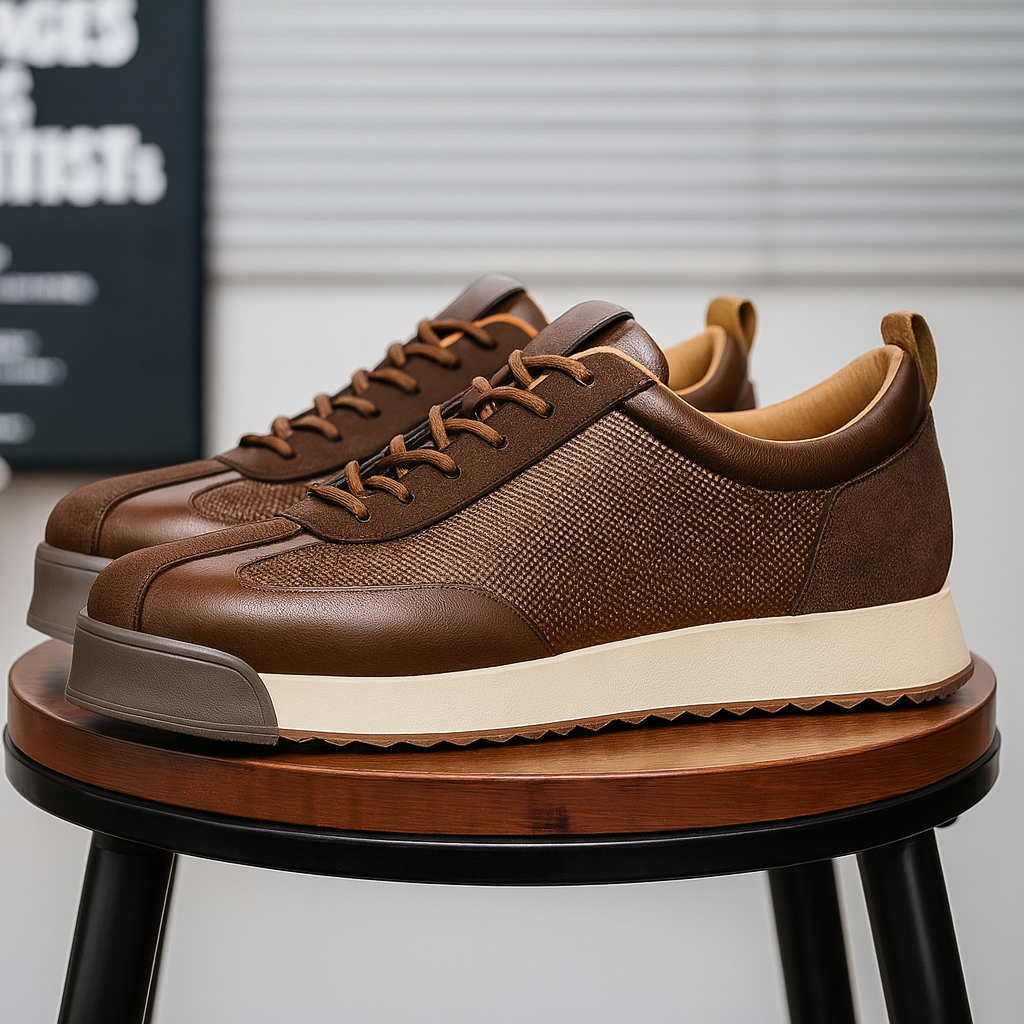 Brown leather orthopedic sneakers for men with lace-up design and cushioned sole on wooden display stand