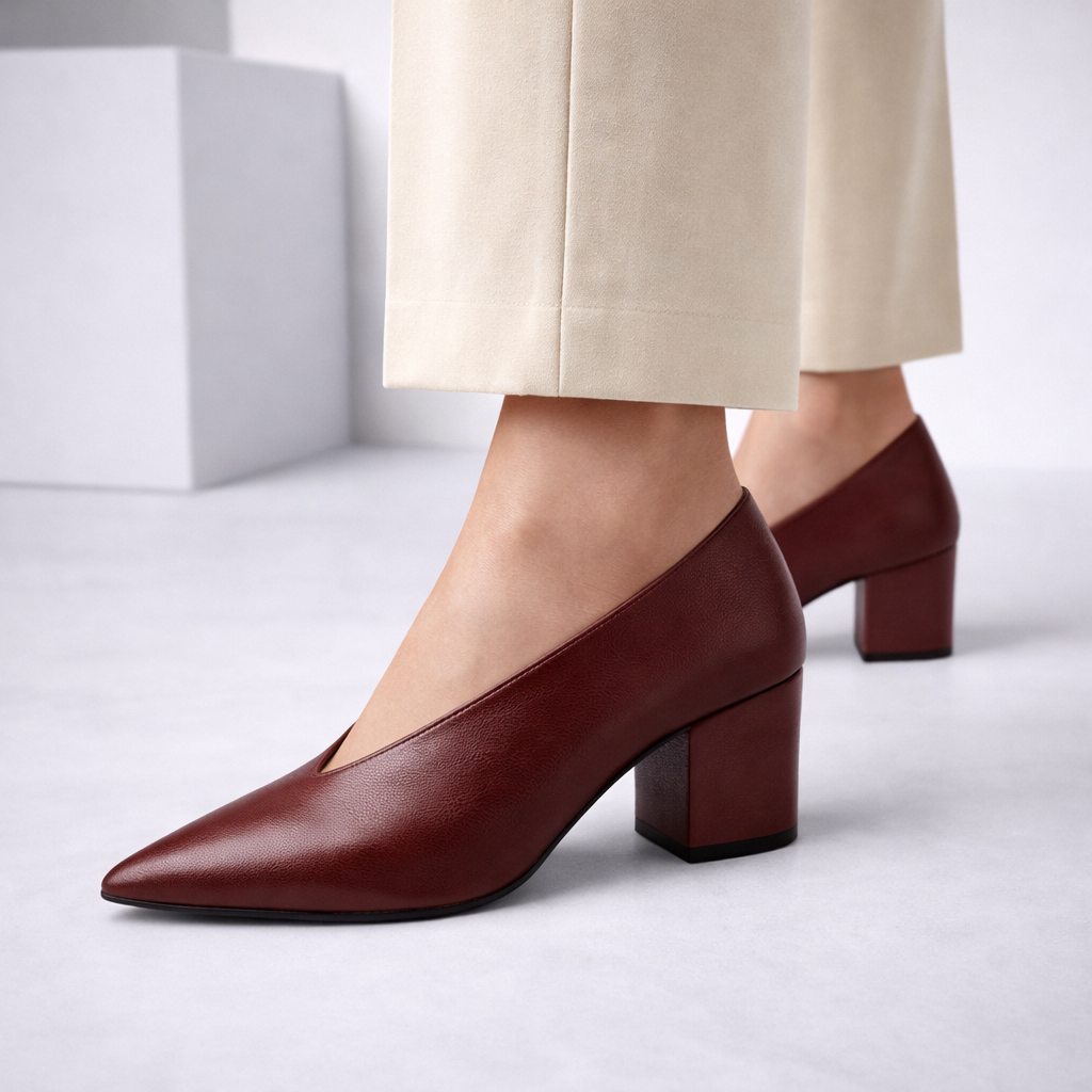 Women's burgundy Italian leather block heel pumps with pointed toe and V-cut vamp, paired with cream trousers.
