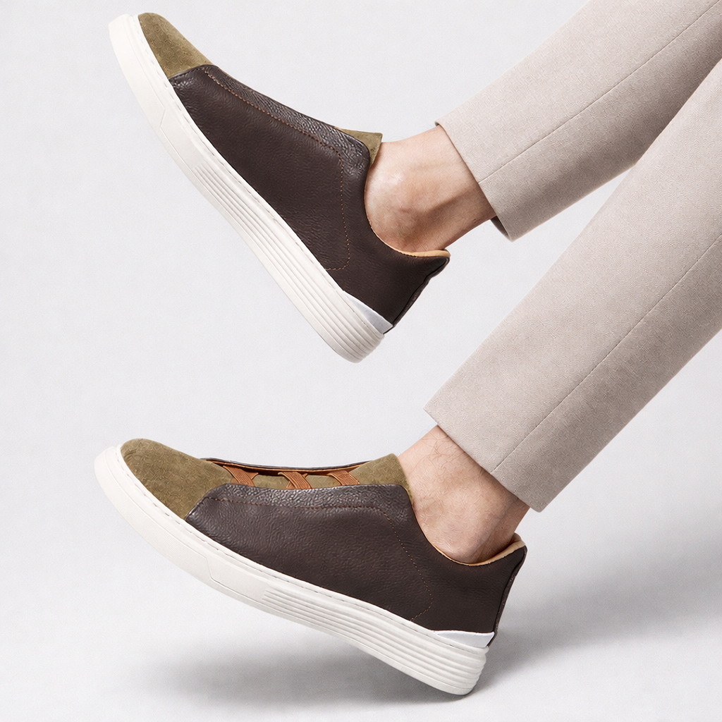 Orthopedic leather sneakers with suede accents brown and tan colorblock slip-on shoes white platform sole men's comfort footwear