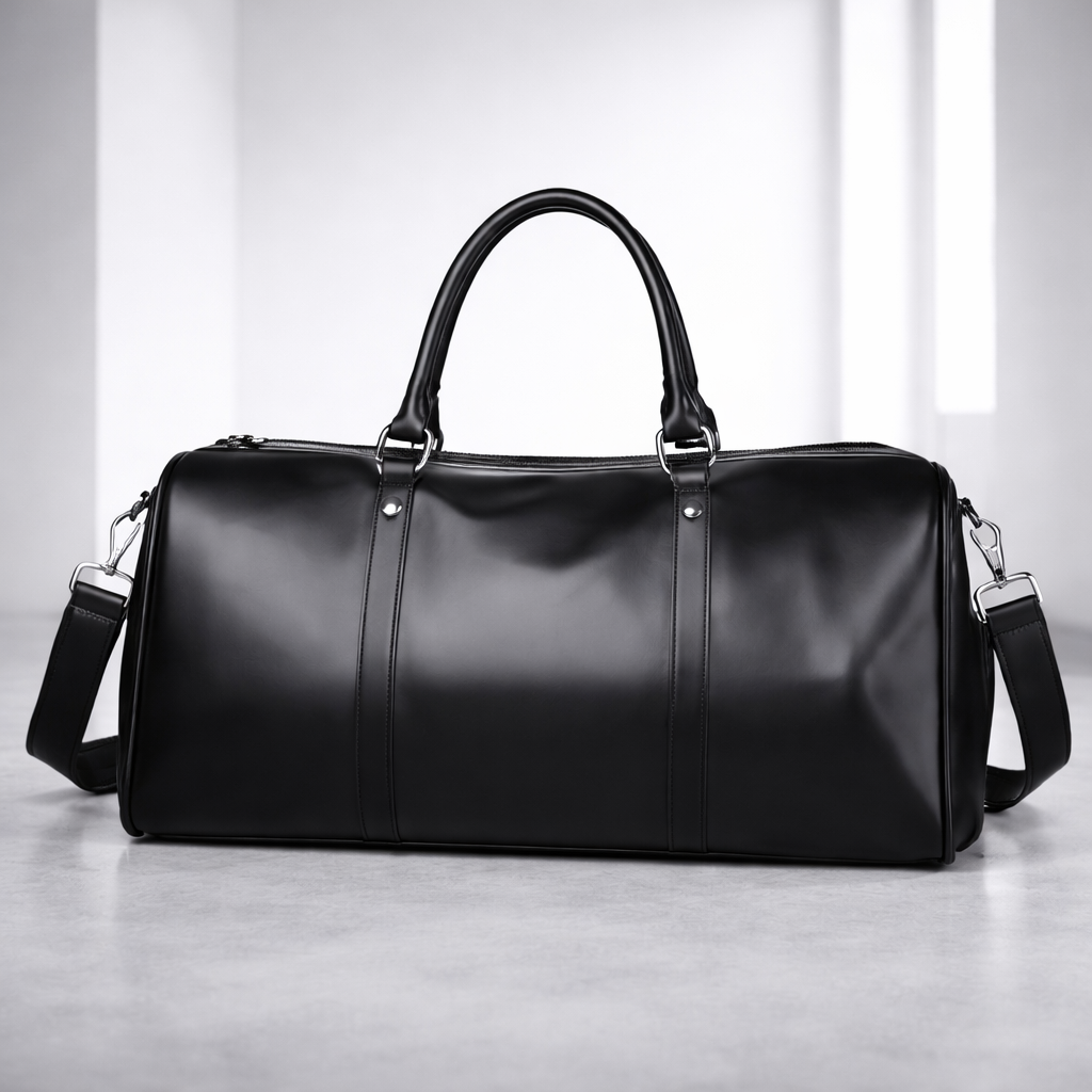 Black full-grain leather men's duffle bag with top handles, shoulder strap, silver hardware, and sleek structured design.