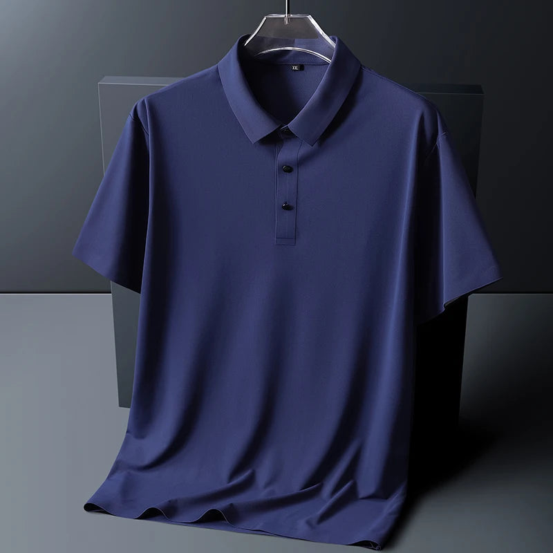 Navy blue men's short sleeve polo shirt with collar and two buttons, displayed on hanger against dark background.