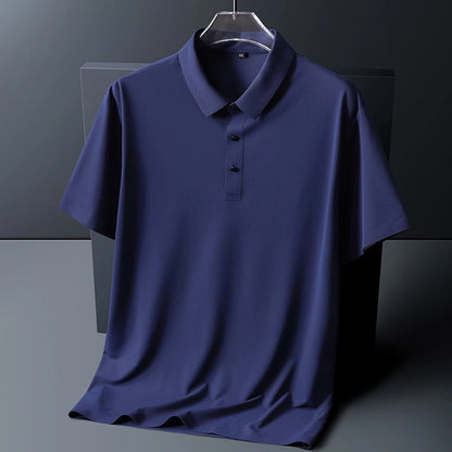 Navy blue men's short sleeve polo shirt with collar and two buttons, displayed on hanger against dark background.