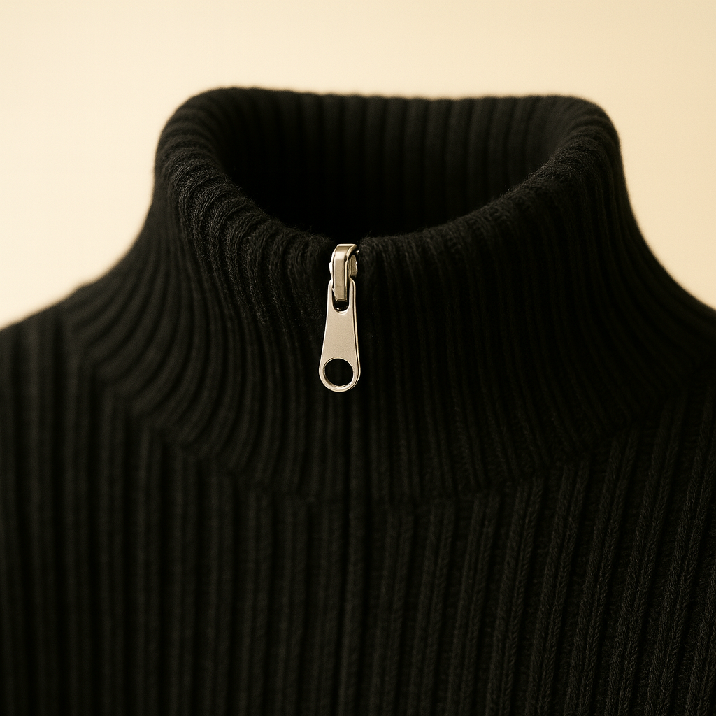 Black wool quarter-zip ribbed turtleneck sweater with silver metal zipper pull, close-up view of collar area.
