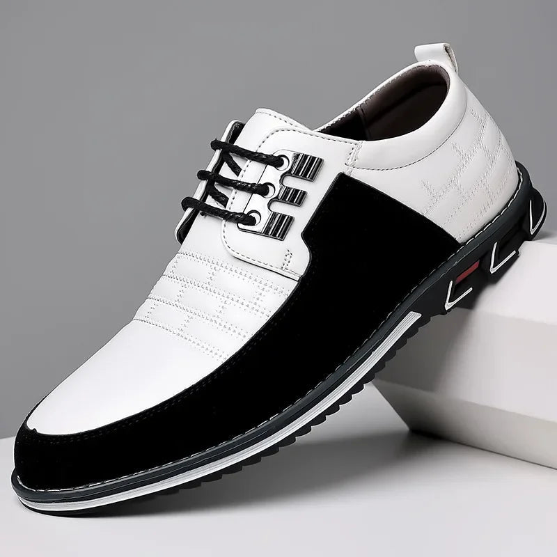 Men's black and white two-tone leather lace-up Derby dress shoes with metallic eyelets and rubber sole