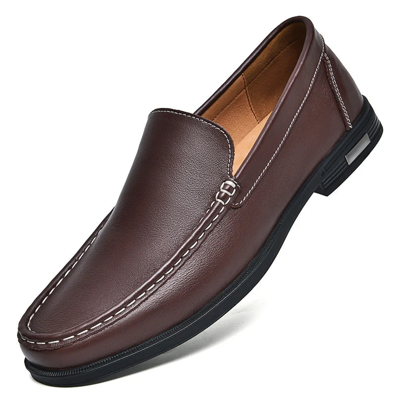 Brown men's leather slip-on loafer with white contrast stitching, tan interior lining, and black rubber sole.