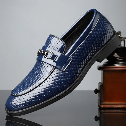 Navy blue woven leather slip-on loafers with silver metal buckle for men dress shoes