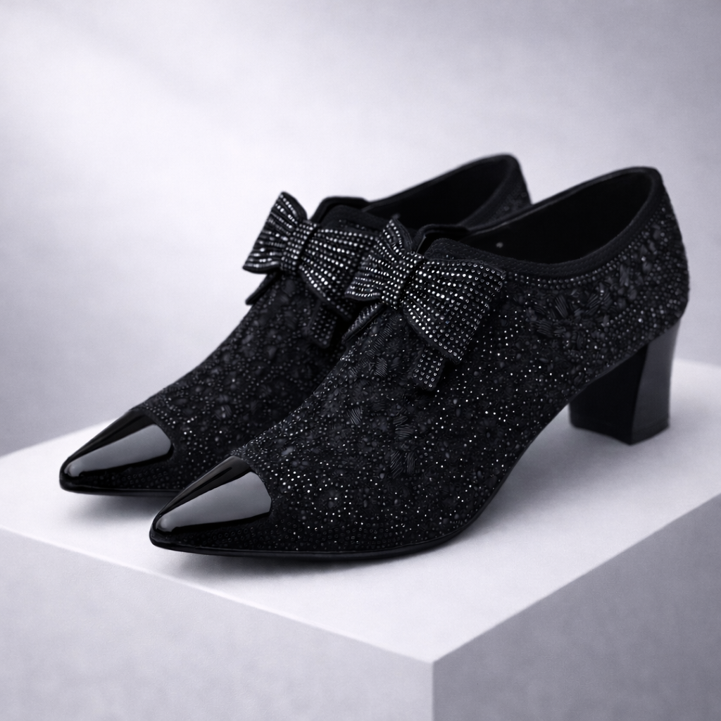 Black rhinestone-embellished pointed-toe block heel shoes with crystal bow detail, displayed on white platform.