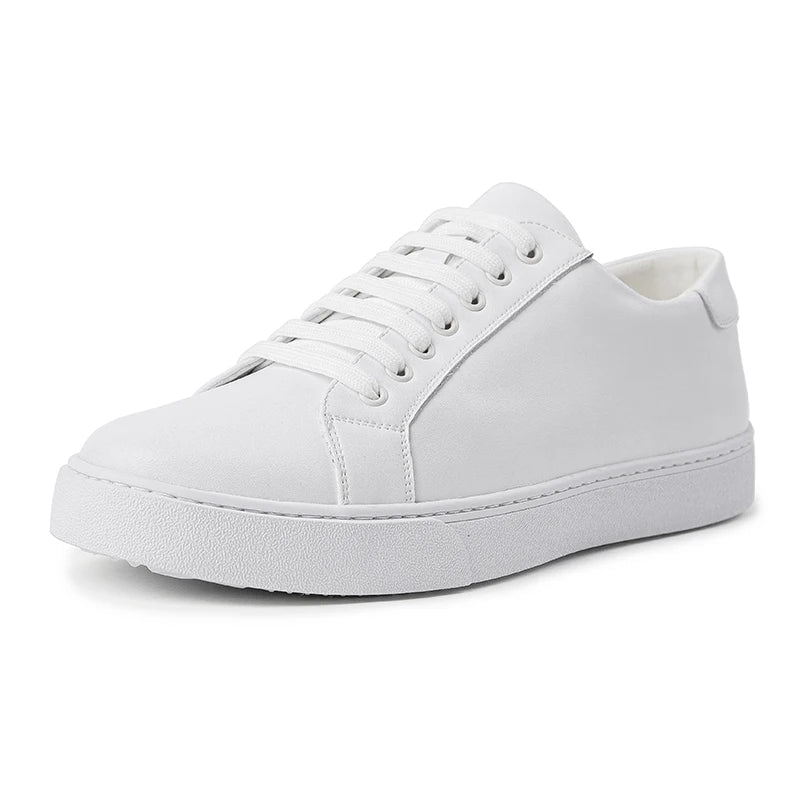 White men's leather lace-up sneakers with flat sole, clean minimalist design, shown at an angle on white background