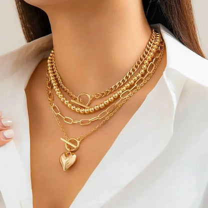 Gold layered chain necklace set with heart pendant toggle clasp women's fashion jewelry multi-strand choker
