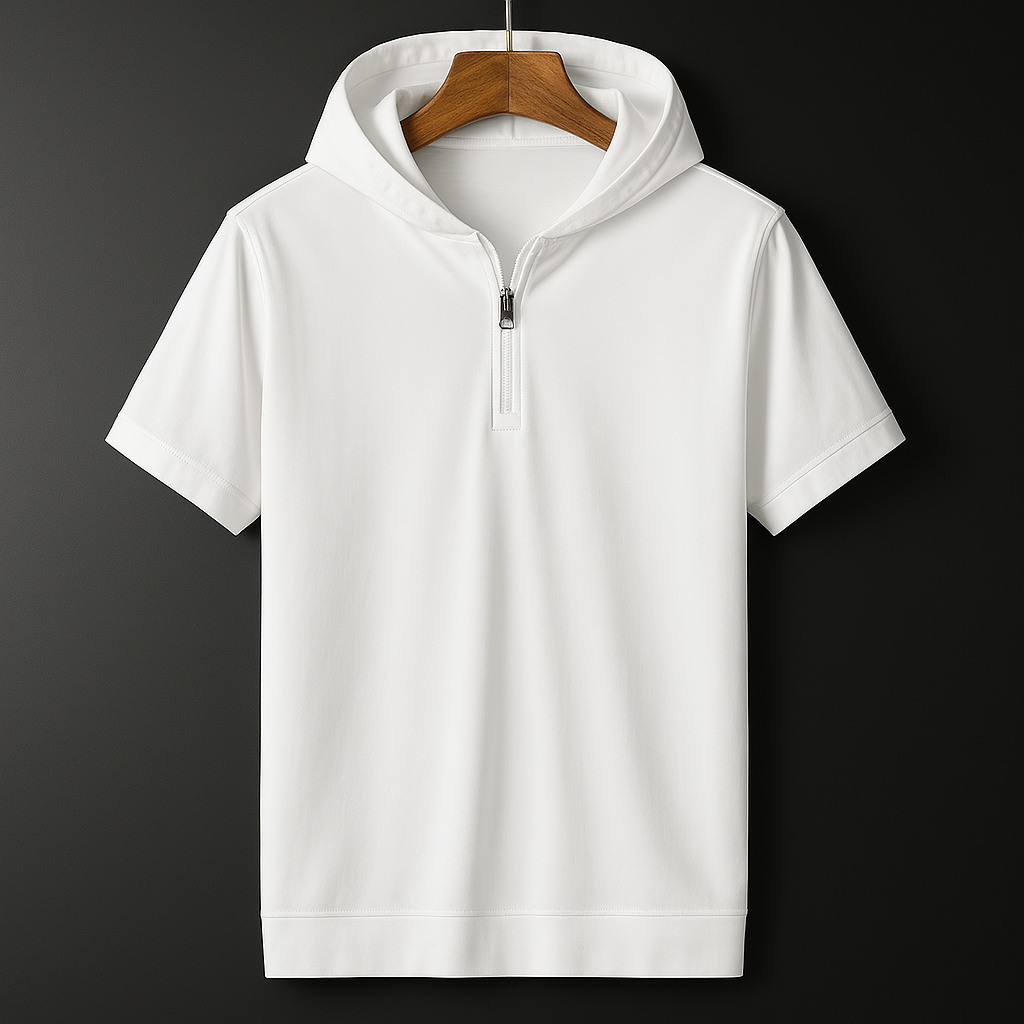 White men's relaxed fit half-zip hooded short sleeve shirt displayed on wooden hanger against dark background.