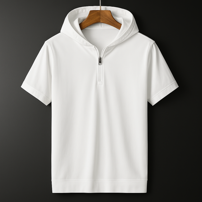 White men's relaxed fit half-zip hooded short sleeve shirt displayed on wooden hanger against dark background.