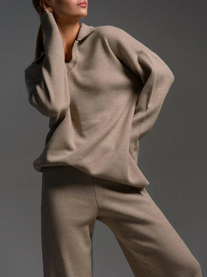 Taupe beige collared knit sweatshirt and wide-leg pants matching set loungewear for women