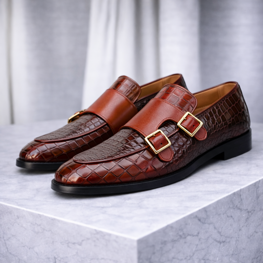 Brown croc-embossed leather monk strap loafers for men with gold buckles and black soles on marble surface