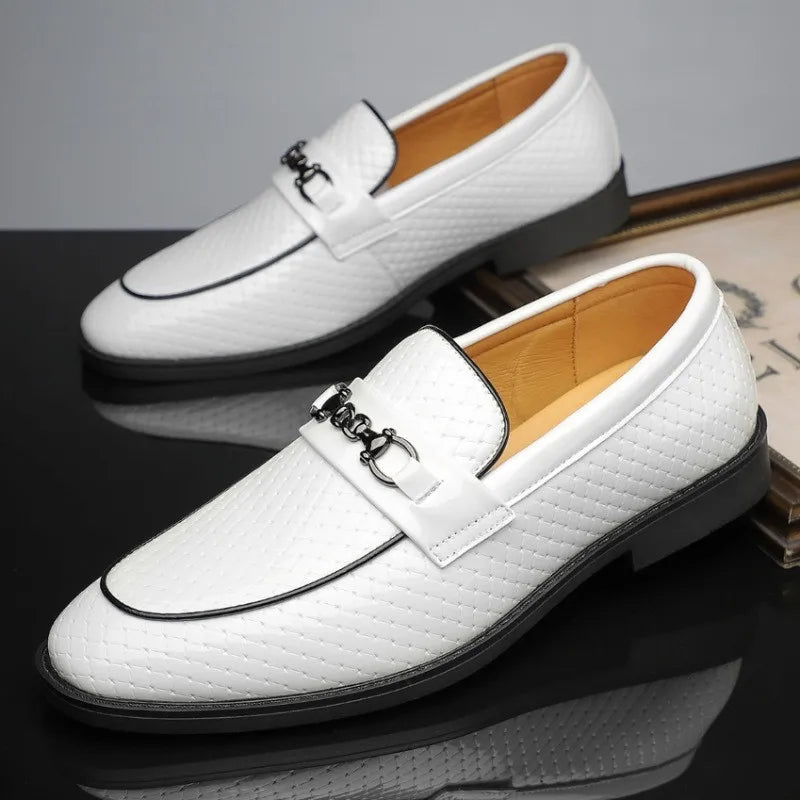 White textured leather men's slip-on loafers with silver metal horsebit buckle and black contrast piping detail