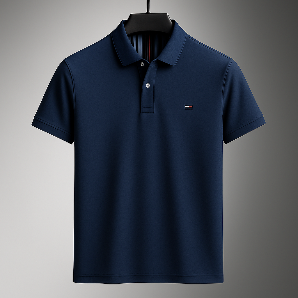 Navy blue men's cotton polo shirt with collar, short sleeves, button placket, and small logo on chest, on hanger.