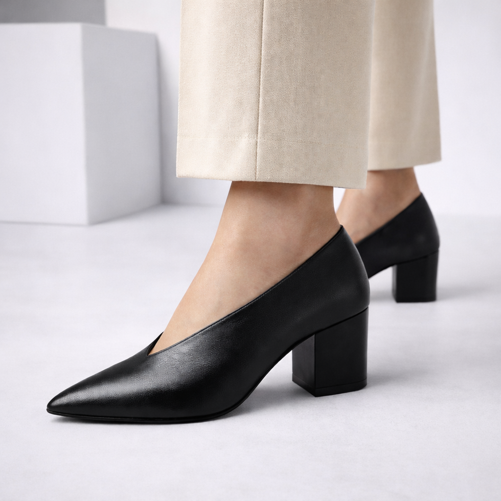 Women's black Italian leather block heel pumps with pointed toe and V-cut vamp, paired with cream wide-leg trousers.