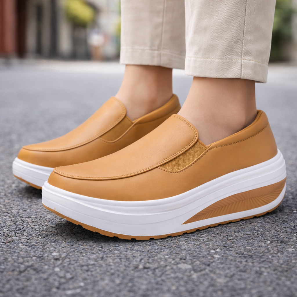 Women's tan leather slip-on platform sneakers with thick white sole, worn with beige cropped pants on pavement.