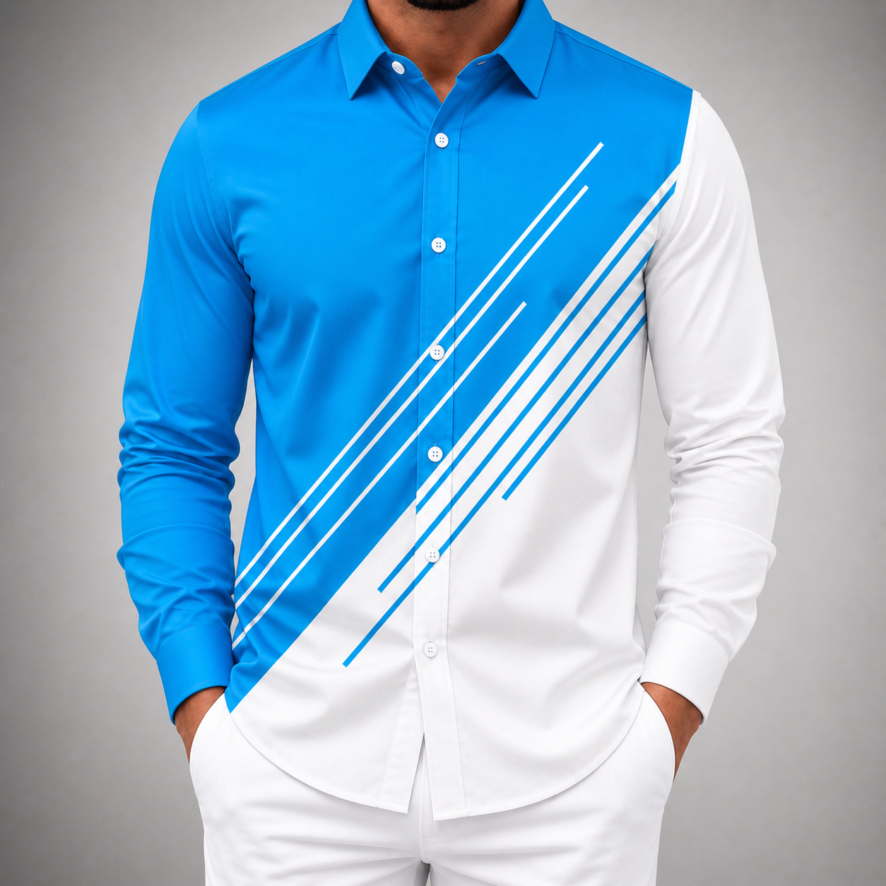 Men's blue and white diagonal stripe button-up dress shirt with long sleeves and collar