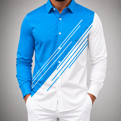 Men's blue and white diagonal stripe button-up dress shirt with long sleeves and collar