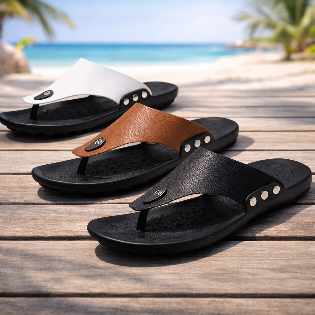 Men's leather thong flip-flop sandals in black, tan, and white with silver studs, displayed on wooden deck near beach.