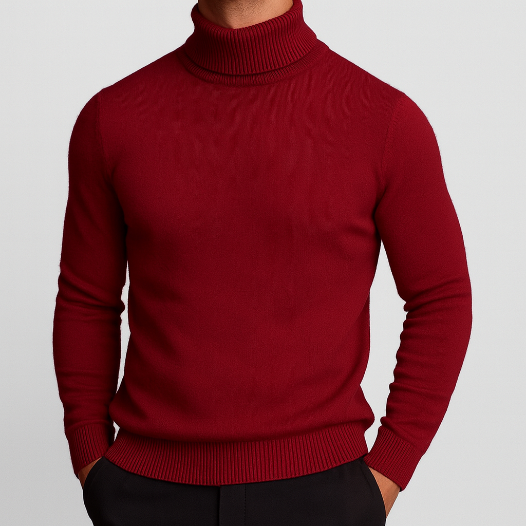 Men's slim-fit merino wool turtleneck sweater in deep red with ribbed cuffs, hem, and collar, paired with black trousers.