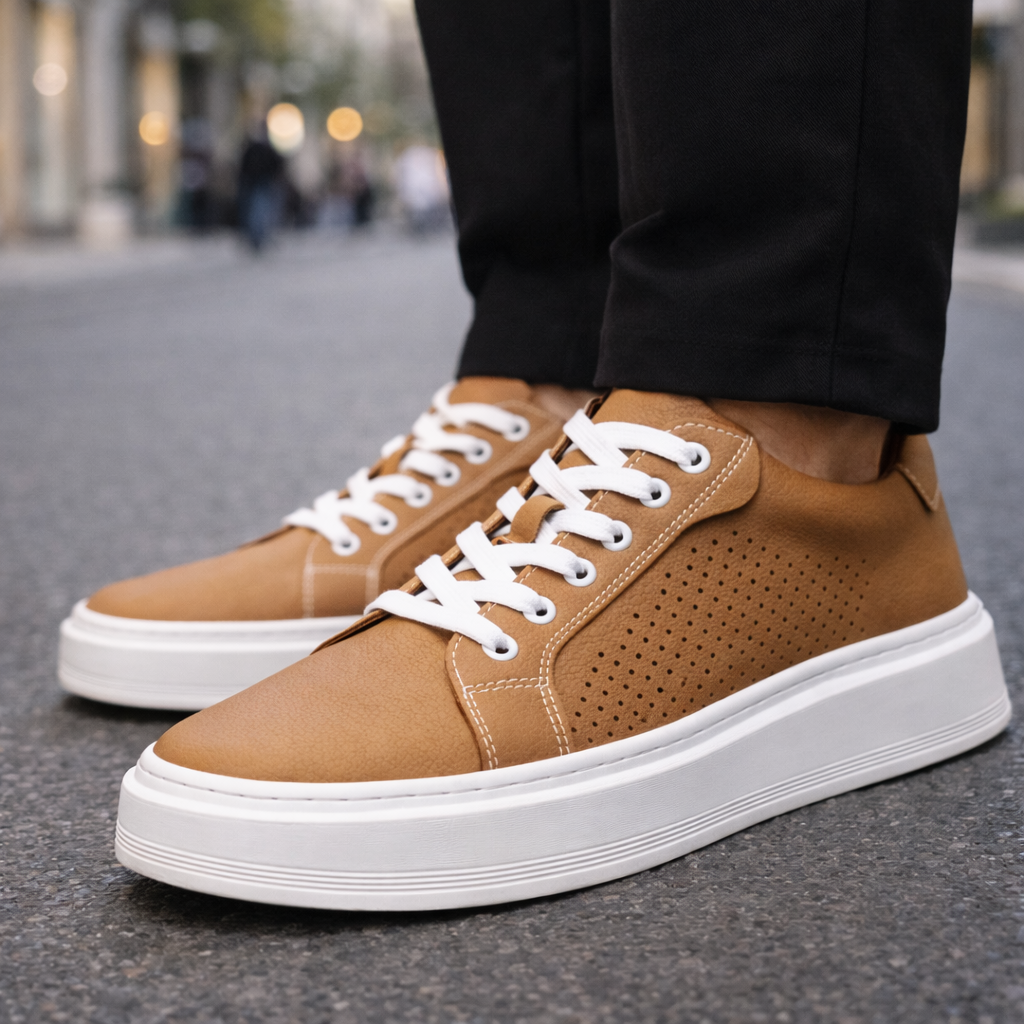 Men's tan leather lace-up sneakers with white platform sole and perforated side detail on urban street