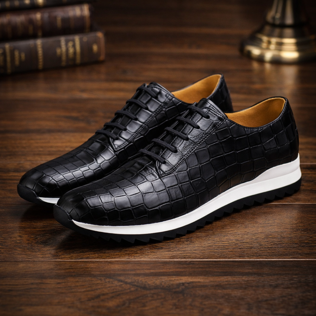 Black croc-embossed leather lace-up sneakers with white rubber sole and tan interior on dark wood surface.