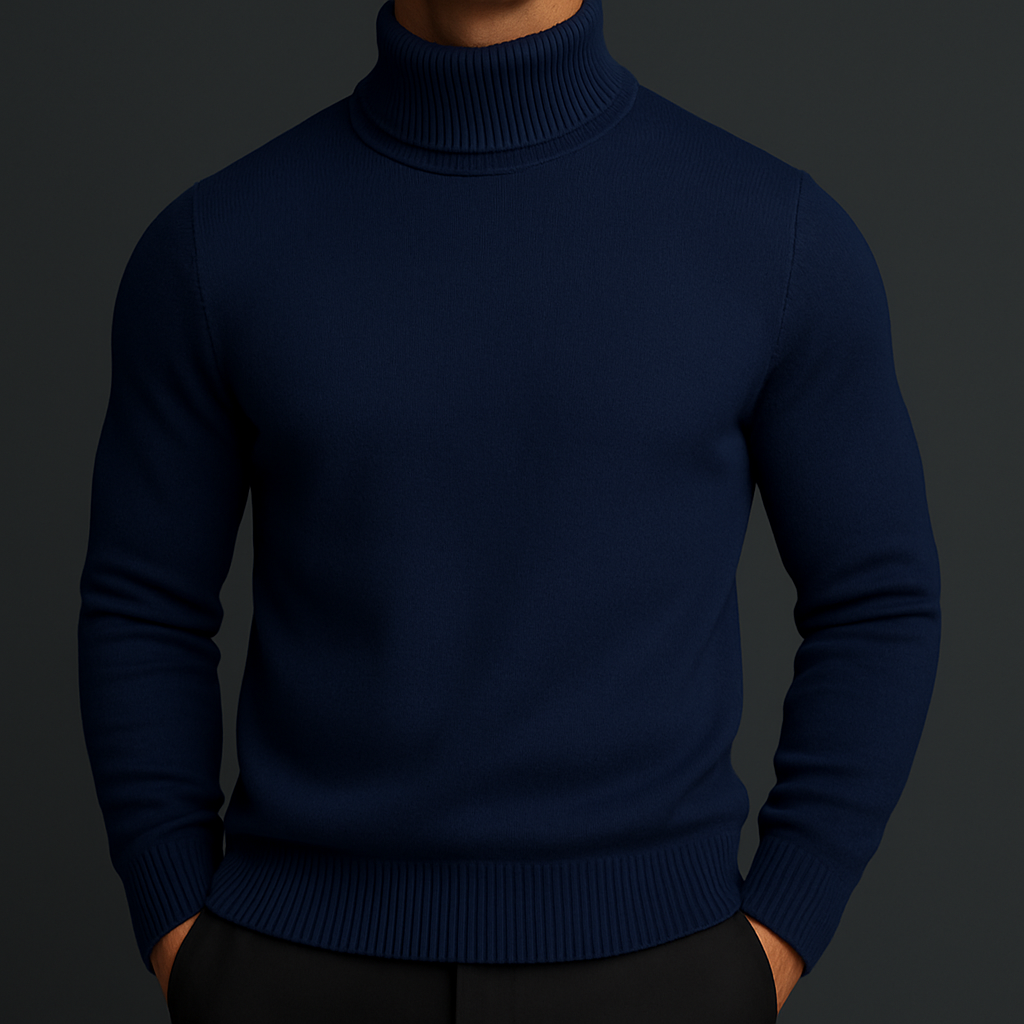 Navy blue men's merino wool turtleneck sweater with ribbed collar and cuffs, slim fit, paired with black trousers.