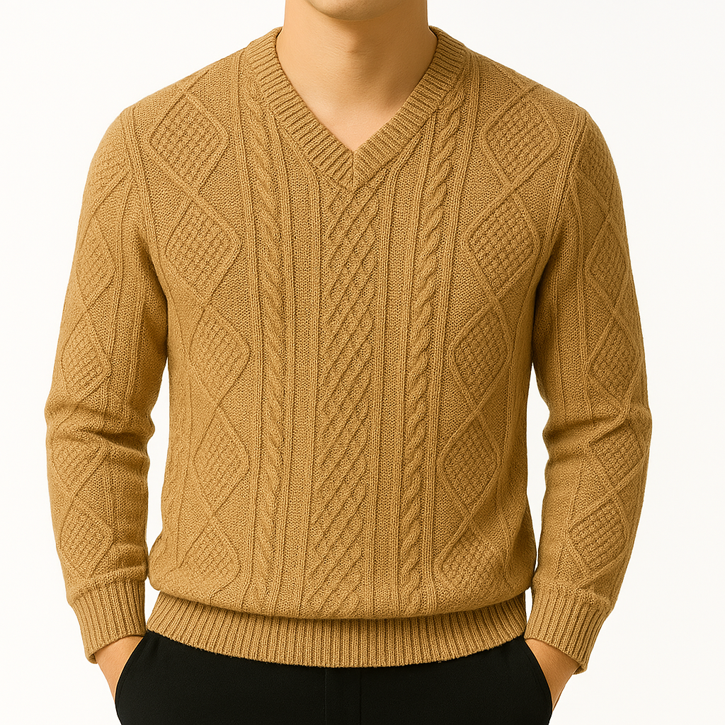 Men's camel cable knit V-neck wool sweater with diamond texture pattern and ribbed cuffs and hem, long sleeves.