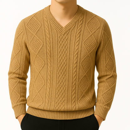 Men's camel cable knit V-neck wool sweater with diamond texture pattern and ribbed cuffs and hem, long sleeves.