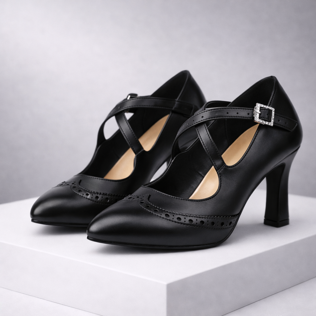 Black leather block heel pumps with cross straps, crystal buckle, and brogue detailing displayed on white platform.