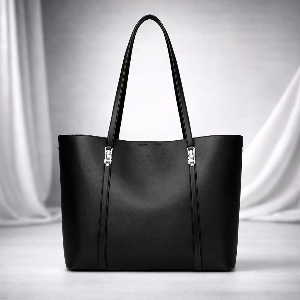 Black leather women's tote handbag with silver hardware buckles and double shoulder straps on white background