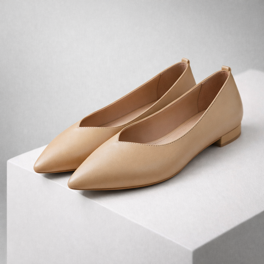 Nude beige pointed-toe leather ballet flats with low block heel displayed on white platform, minimalist style