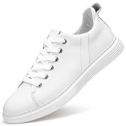 White leather low-top men's sneakers with flat laces, silver eyelets, and a clean white rubber sole