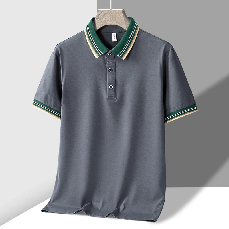 Gray men's polo shirt with green and cream striped tipped collar and matching sleeve cuffs, short sleeves, button placket