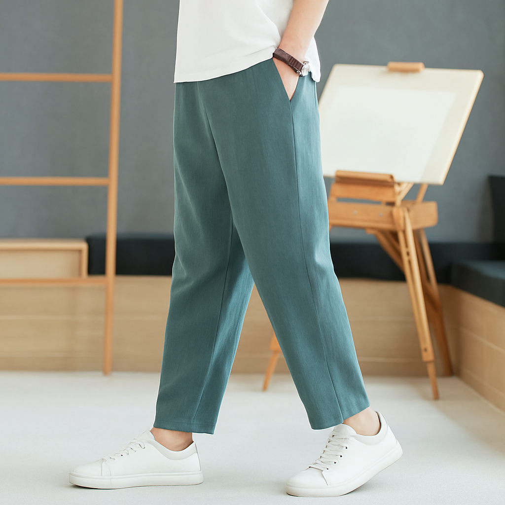 Men's tapered linen-cotton pants in teal green with elastic waist and white sneakers, casual relaxed fit trousers
