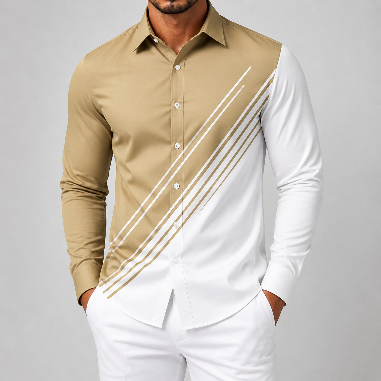 Men's slim-fit button-up shirt in beige and white colorblock design with diagonal stripes, paired with white pants.