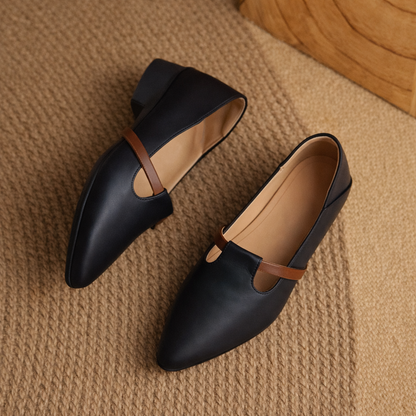 Black pointed-toe flat shoes with brown leather T-strap detail and beige interior, displayed on woven textile surface.