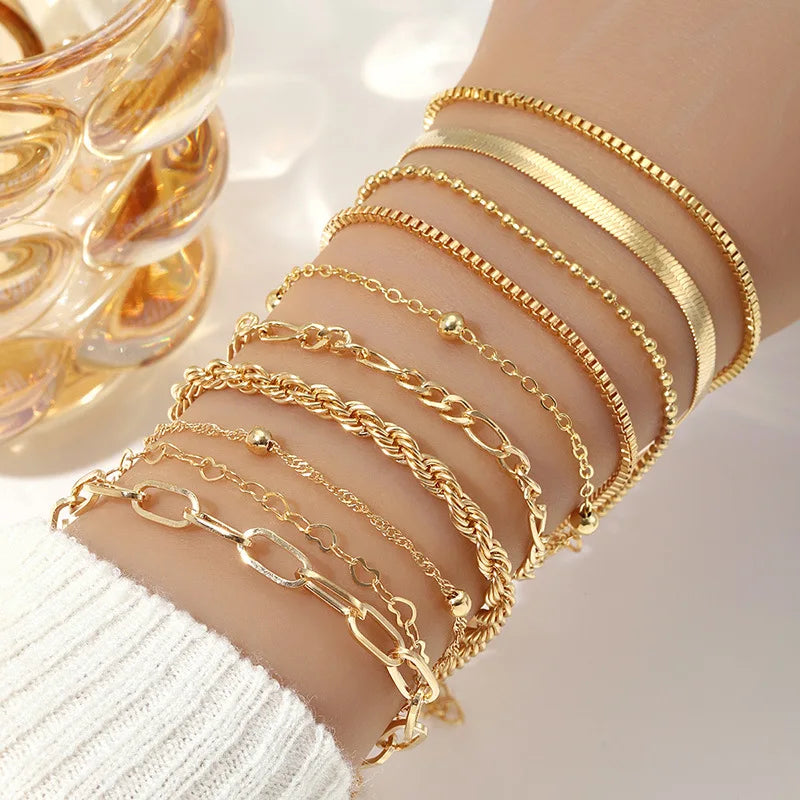 Gold chain bracelet set for women featuring multiple layered styles including rope, box, and link chains on wrist