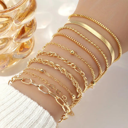 Gold chain bracelet set for women featuring multiple layered styles including rope, box, and link chains on wrist