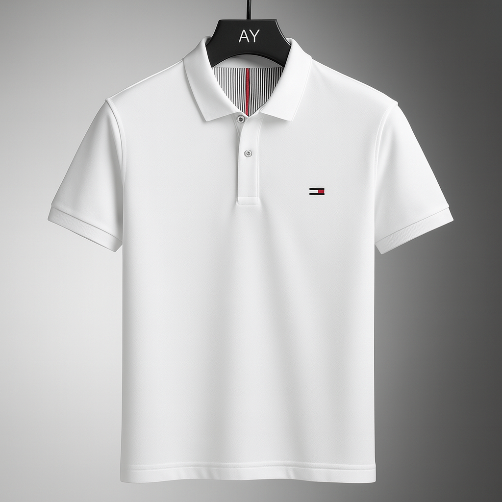 Classic white men's cotton polo shirt with striped collar detail and embroidered logo on chest