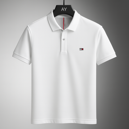 Classic white men's cotton polo shirt with striped collar detail and embroidered logo on chest