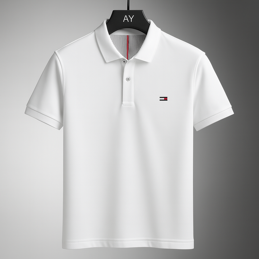 Classic white men's cotton polo shirt with striped collar detail and embroidered logo on chest