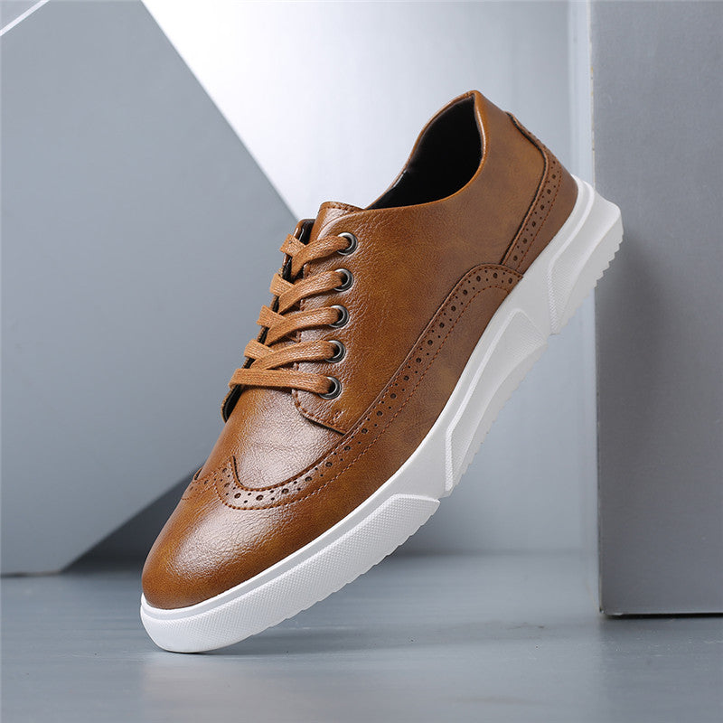 Brown leather lace-up sneakers for men with white sole and brogue detailing